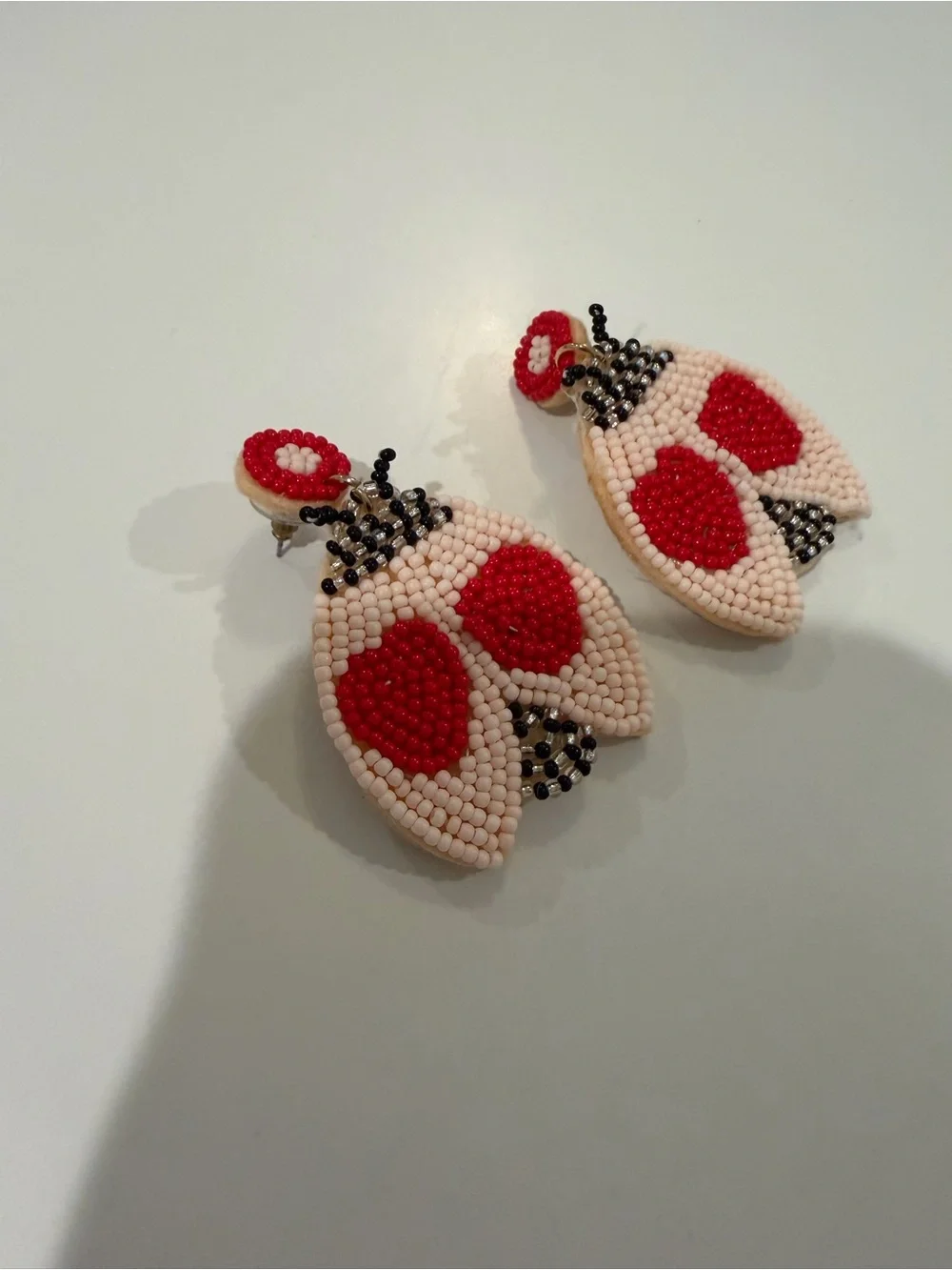 Women’s Handcrafted Red & Cream Beaded Statement Lovebug Earrings EUC